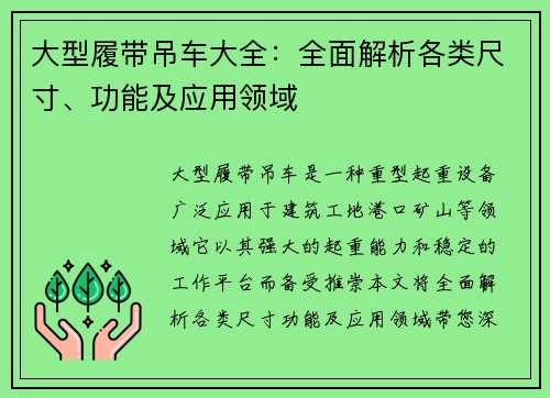 大型履带吊车大全：全面解析各类尺寸、功能及应用领域